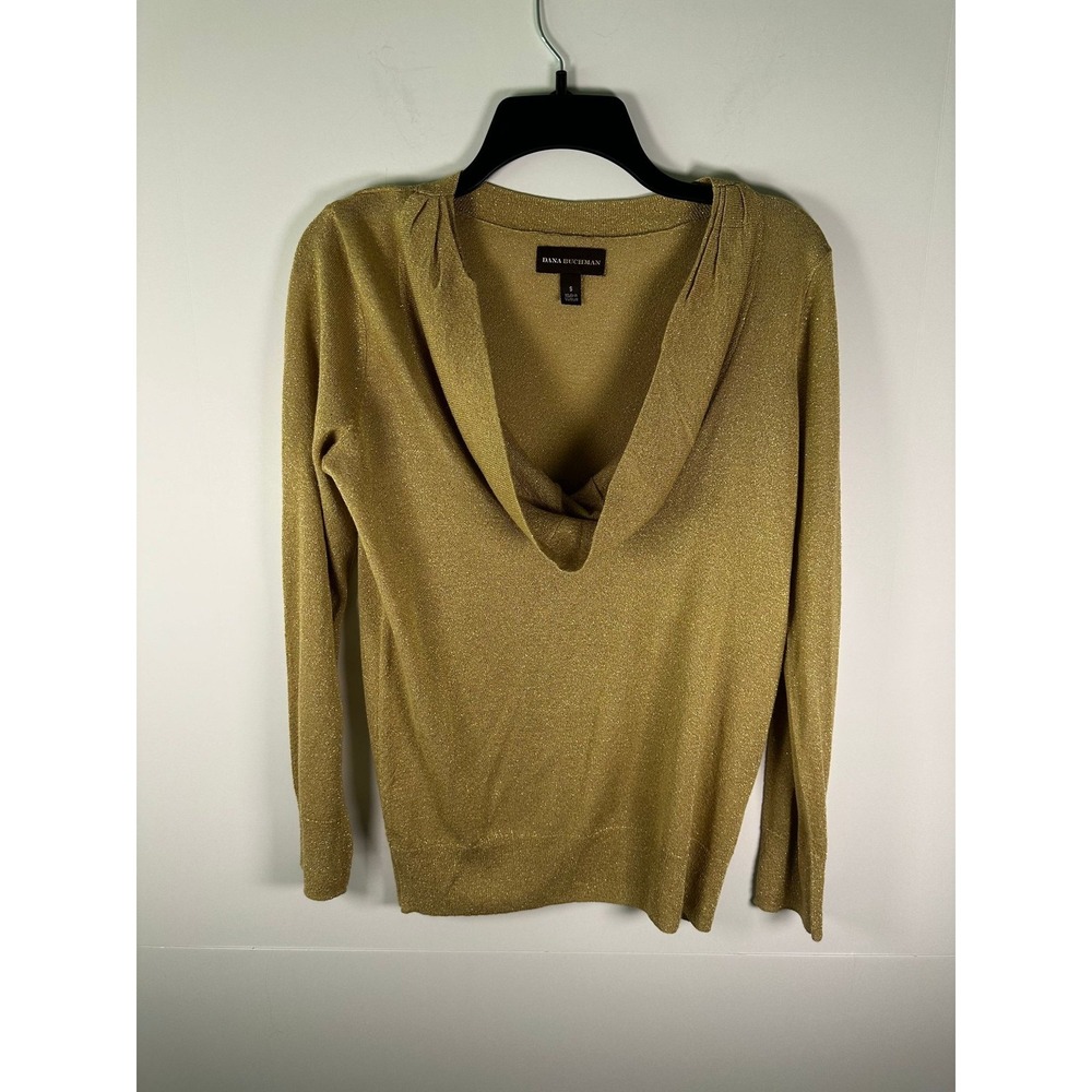 Dana Buchman Sweater Womens S Cowl Neck Metallic Gold Long Sleeve Knit Shimmer
